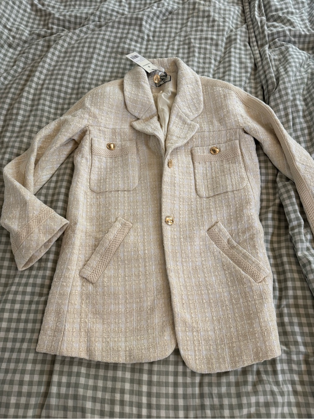 NWT Tuckernuck White Tweed Gold Button Longline Blazer Jacket S